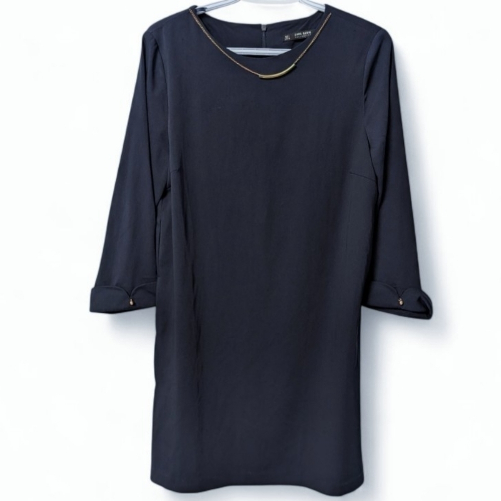 Zara 3/4 sleeve A-line dress with jewelry accents, Navy / Gold - Picture 2 of 6